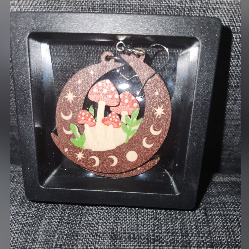 Handcrafted Wooden Earrings – Mushroom & Moon Design + Display Case | MSRP $30